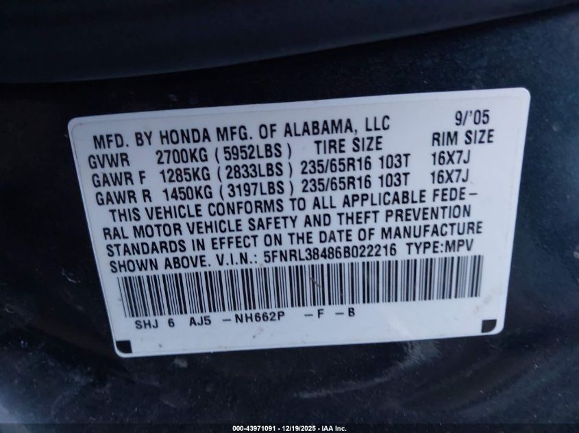 2006 Honda Odyssey Ex VIN: 5FNRL38486B022216 Lot: 43971091