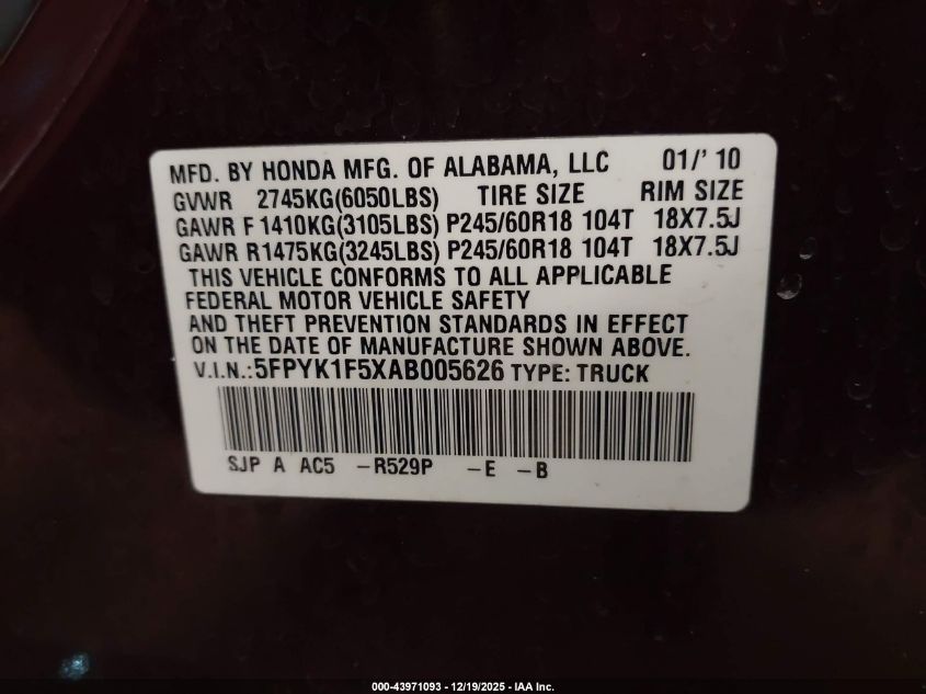 2010 Honda Ridgeline Rtl VIN: 5FPYK1F5XAB005626 Lot: 43971093