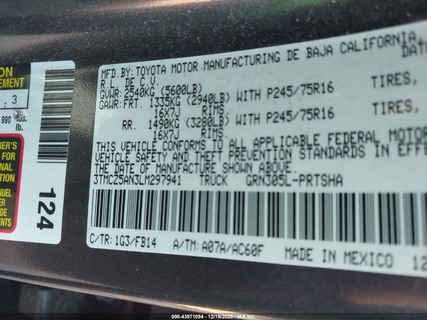 2020 Toyota Tacoma Sr V6 VIN: 3TMCZ5AN3LM297941 Lot: 43971094