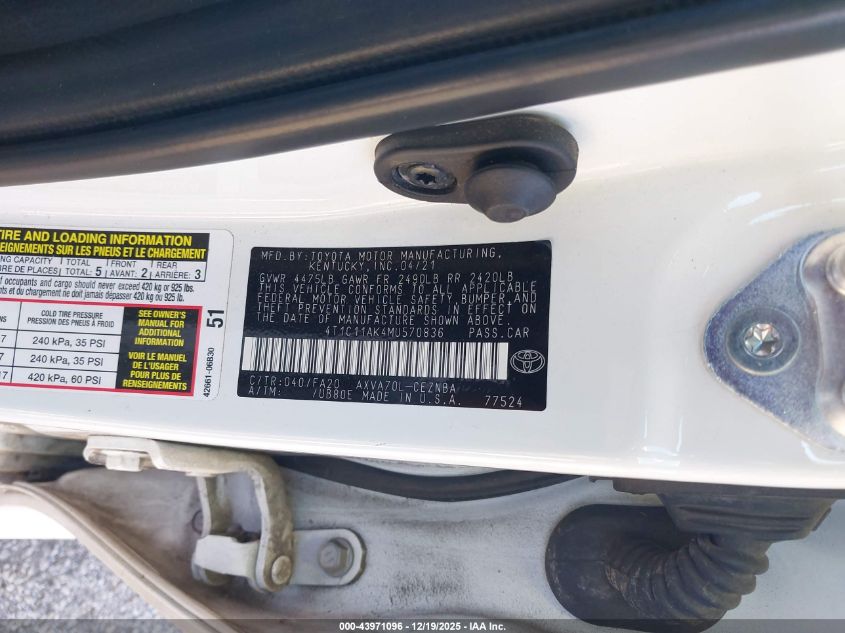 2021 Toyota Camry Le VIN: 4T1C11AK4MU570836 Lot: 43971096