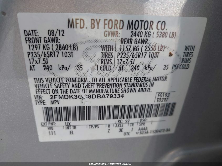 2013 Ford Edge Se VIN: 2FMDK3GC8DBA79334 Lot: 43971099