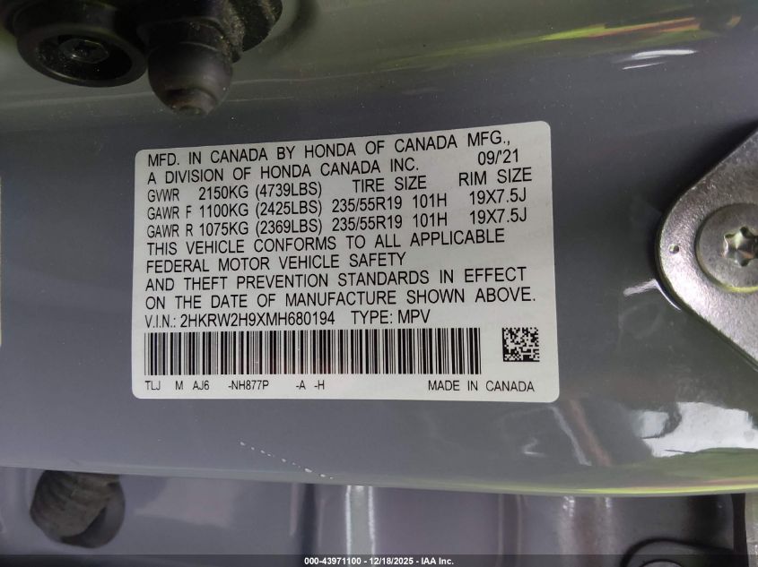 2021 Honda Cr-V Awd Touring VIN: 2HKRW2H9XMH680194 Lot: 43971100