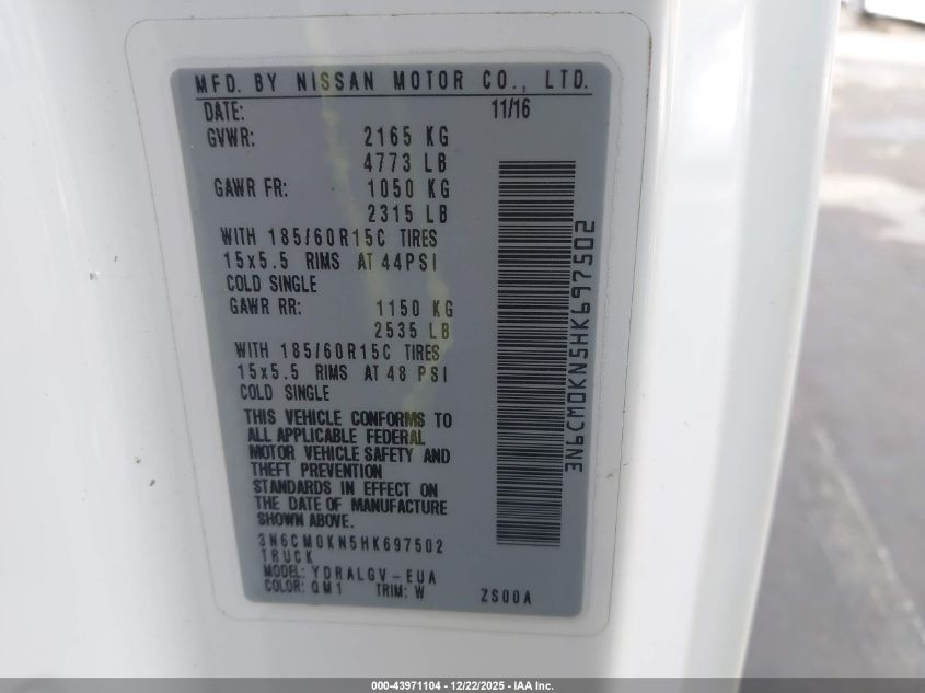 2017 Nissan Nv200 Sv VIN: 3N6CM0KN5HK697502 Lot: 43971104