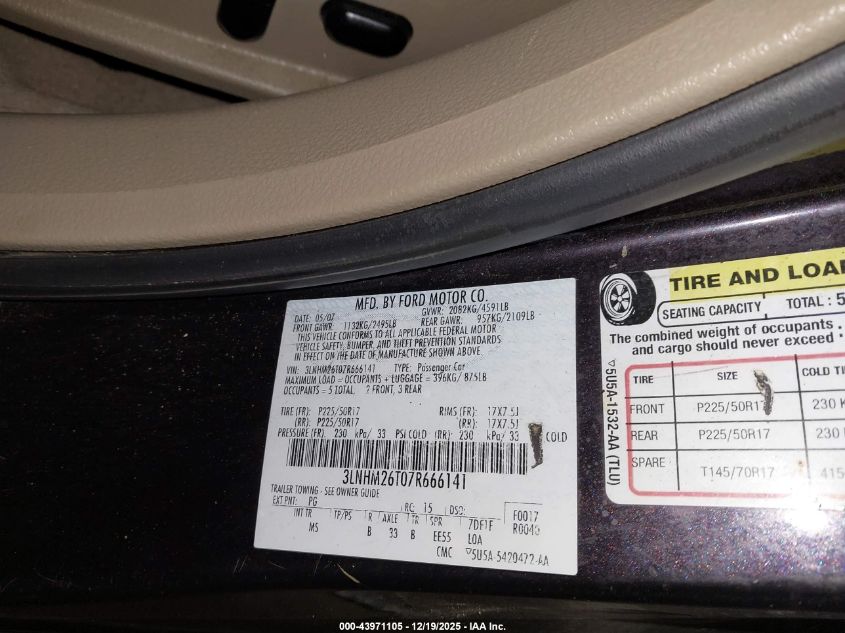 2007 Lincoln Mkz VIN: 3LNHM26T07R666141 Lot: 43971105