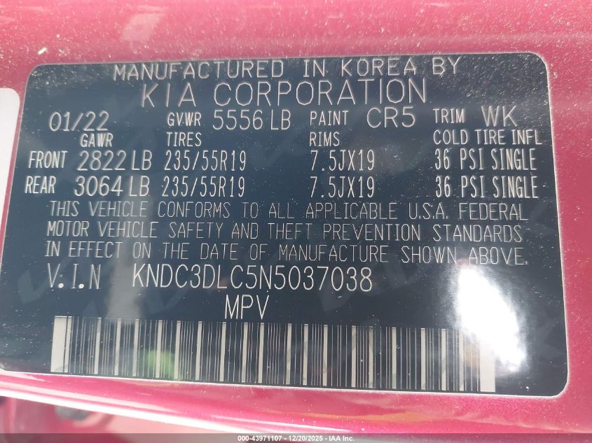 2022 Kia Ev6 Wind VIN: KNDC3DLC5N5037038 Lot: 43971107