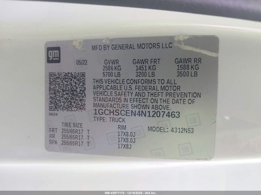 2022 Chevrolet Colorado 2Wd Long Box Lt VIN: 1GCHSCEN4N1207463 Lot: 43971110