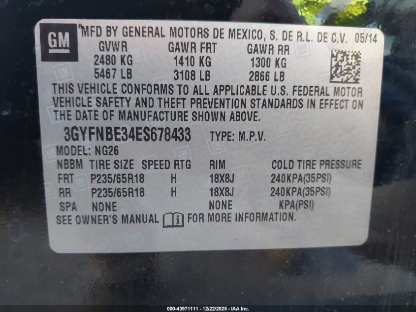 2014 Cadillac Srx Luxury Collection VIN: 3GYFNBE34ES678433 Lot: 43971111