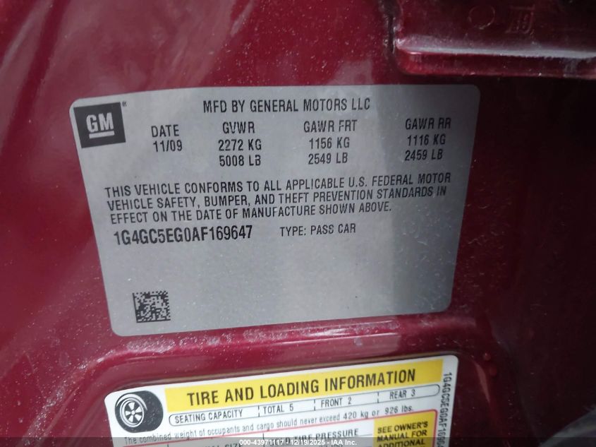 2010 Buick Lacrosse Cxl VIN: 1G4GC5EG0AF169647 Lot: 43971117