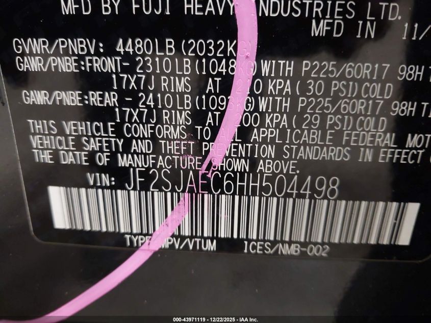 2017 Subaru Forester 2.5I Premium VIN: JF2SJAEC6HH504498 Lot: 43971119