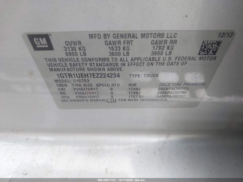 2014 GMC Sierra 1500 Sle VIN: 1GTR1UEH7EZ224234 Lot: 43971127