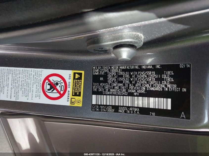 2014 Toyota Highlander Limited Platinum V6 VIN: 5TDDKRFHXES023402 Lot: 43971135