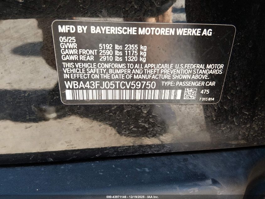 2026 BMW 530I VIN: WBA43FJ05TCV59750 Lot: 43971146