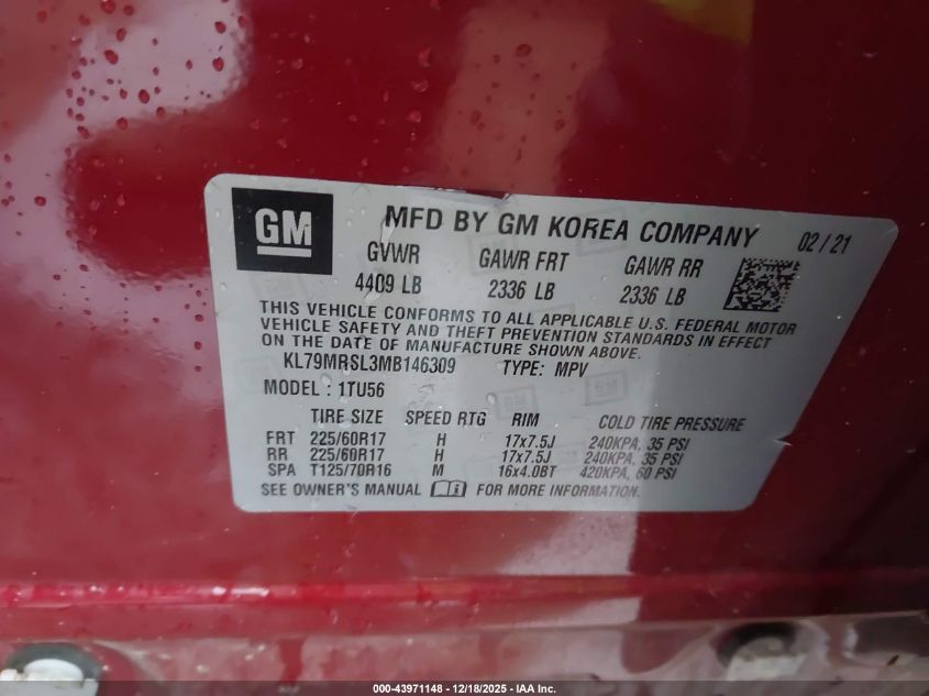 2021 Chevrolet Trailblazer Awd Lt VIN: KL79MRSL3MB146309 Lot: 43971148