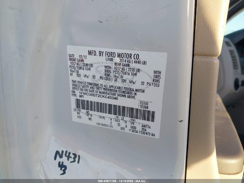 2012 Ford Escape Xlt VIN: 1FMCU0D72CKC43340 Lot: 43971150