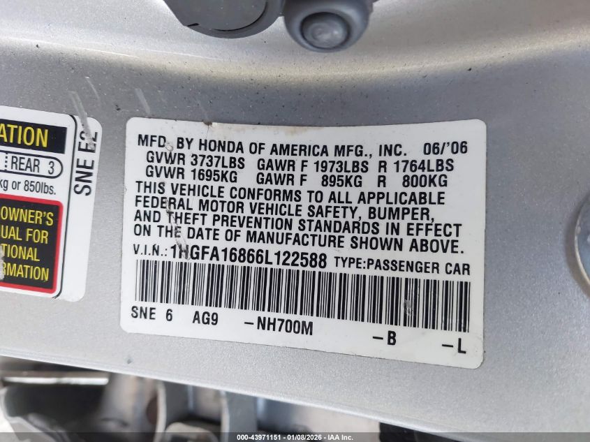 2006 Honda Civic Ex VIN: 1HGFA16866L122588 Lot: 43971151