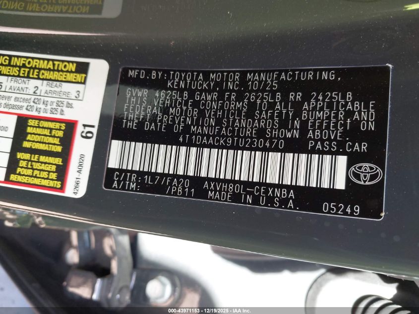 2026 Toyota Camry Le VIN: 4T1DAACK9TU230470 Lot: 43971153