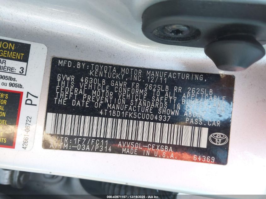 2012 Toyota Camry Hybrid Xle VIN: 4T1BD1FK5CU004937 Lot: 43971157