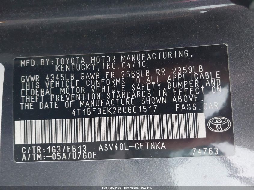 2011 Toyota Camry Le VIN: 4T1BF3EK2BU601517 Lot: 43971159