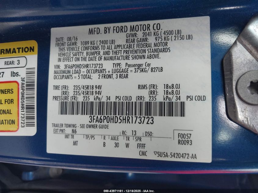 2017 Ford Fusion Se VIN: 3FA6P0HD5HR173723 Lot: 43971161