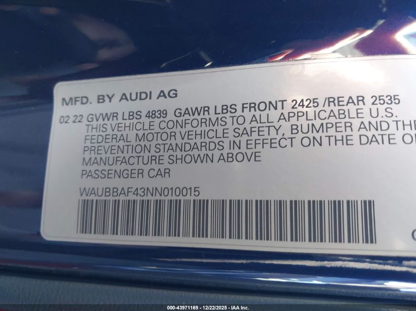 2022 Audi A4 Premium Plus 40 Tfsi Quattro S Tronic VIN: WAUBBAF43NN010015 Lot: 43971169