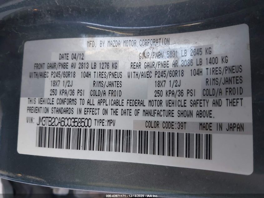 2012 Mazda Cx-9 Touring VIN: JM3TB2CA6C0358500 Lot: 43971171