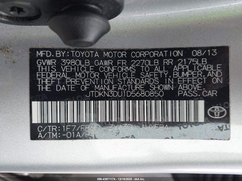 2013 Toyota Prius Two VIN: JTDKN3DU1D5680850 Lot: 43971174