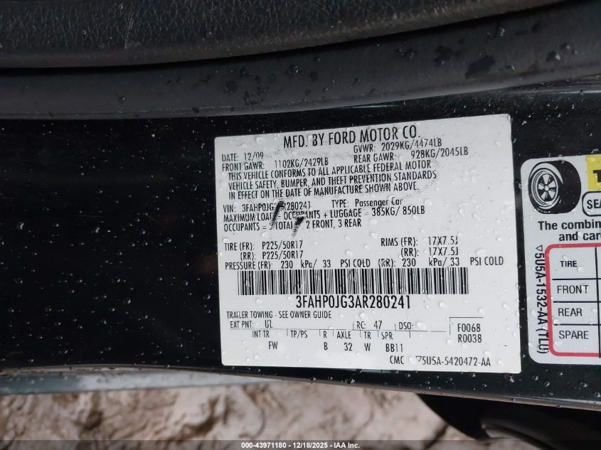 2010 Ford Fusion Sel VIN: 3FAHP0JG3AR280241 Lot: 43971180