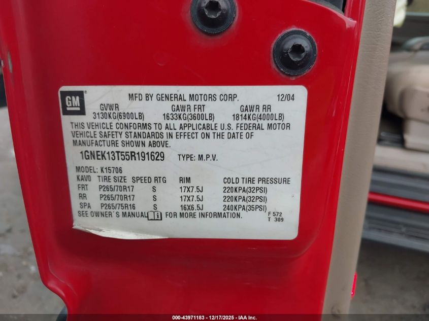 2005 Chevrolet Tahoe Lt VIN: 1GNEK13T55R191629 Lot: 43971183