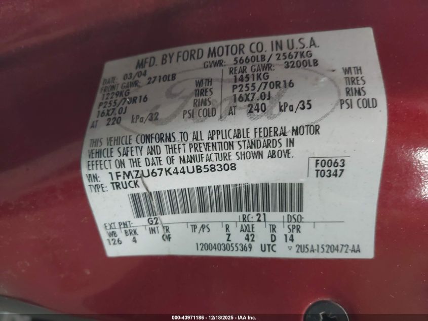 2004 Ford Explorer Sport Trac Adrenalin/Xls/Xlt VIN: 1FMZU67K44UB58308 Lot: 43971186