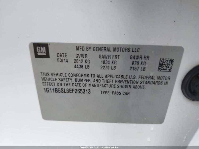 2014 Chevrolet Malibu 1Ls VIN: 1G11B5SL6EF265313 Lot: 43971187