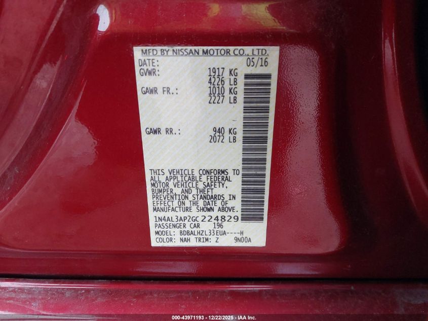 2016 Nissan Altima 2.5 Sr VIN: 1N4AL3AP2GC224829 Lot: 43971193