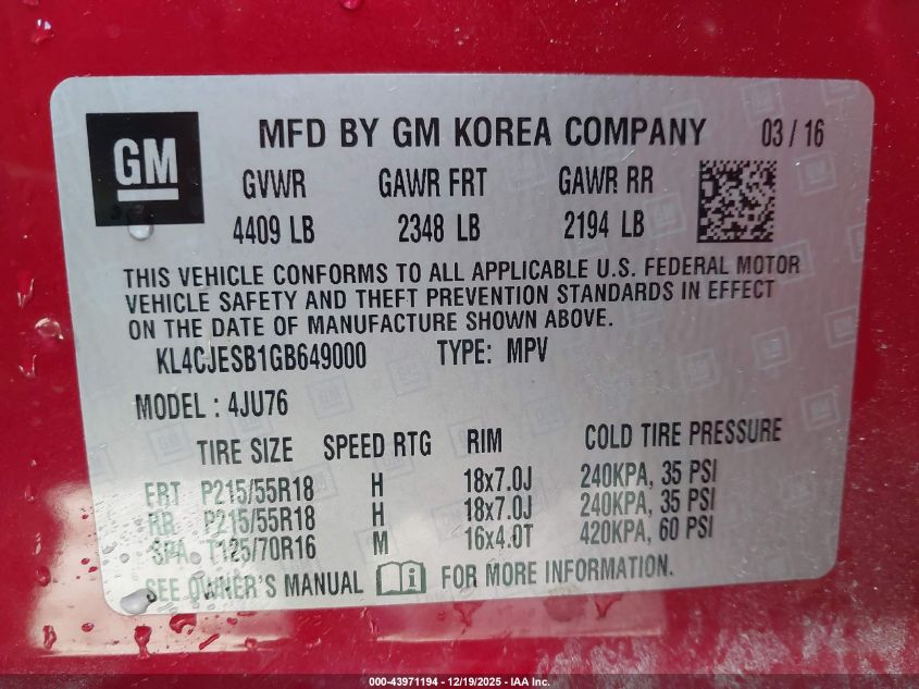 2016 Buick Encore VIN: KL4CJESB1GB649000 Lot: 43971194