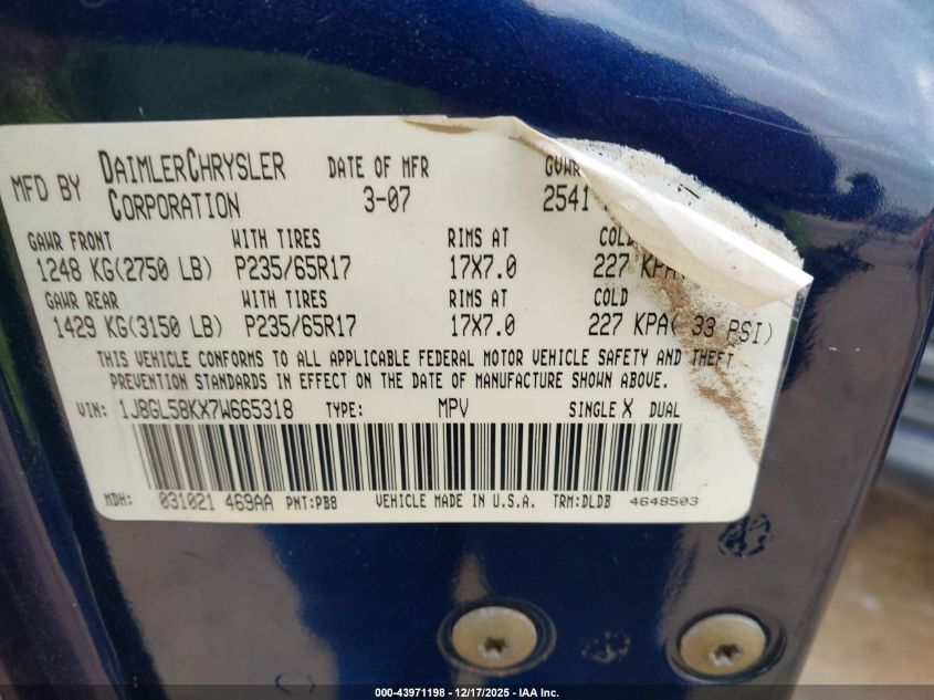 2007 Jeep Liberty Limited Edition VIN: 1J8GL58KX7W665318 Lot: 43971198