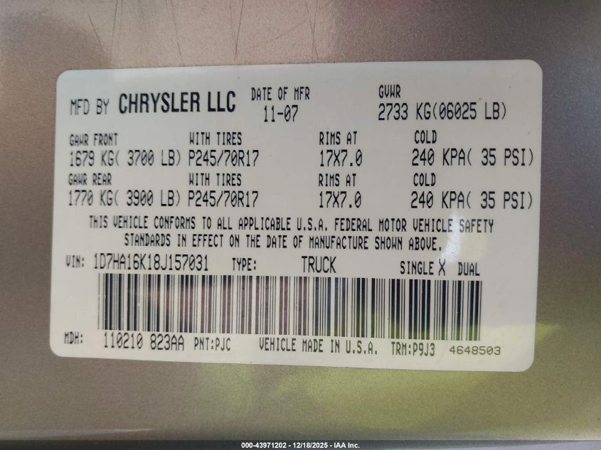 2008 Dodge Ram 1500 St/Sxt VIN: 1D7HA16K18J157031 Lot: 43971202