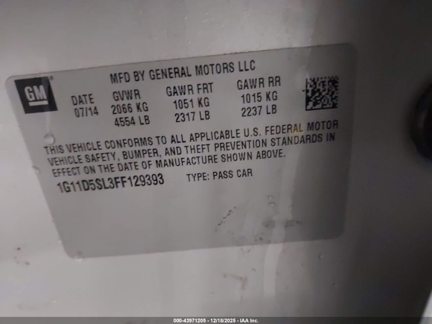 2015 Chevrolet Malibu 2Lt VIN: 1G11D5SL3FF129393 Lot: 43971205