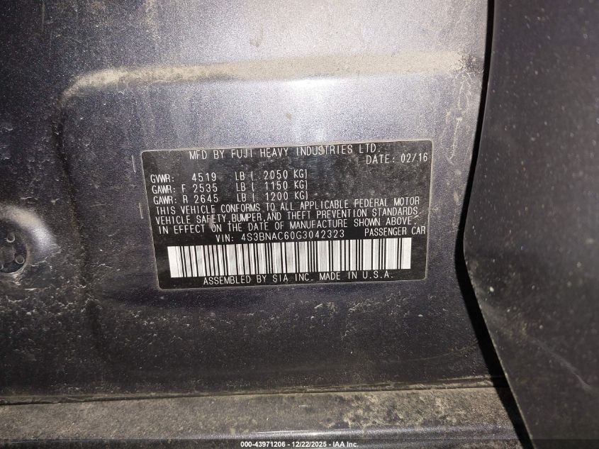 2016 Subaru Legacy 2.5I Premium VIN: 4S3BNAC60G3042323 Lot: 43971206