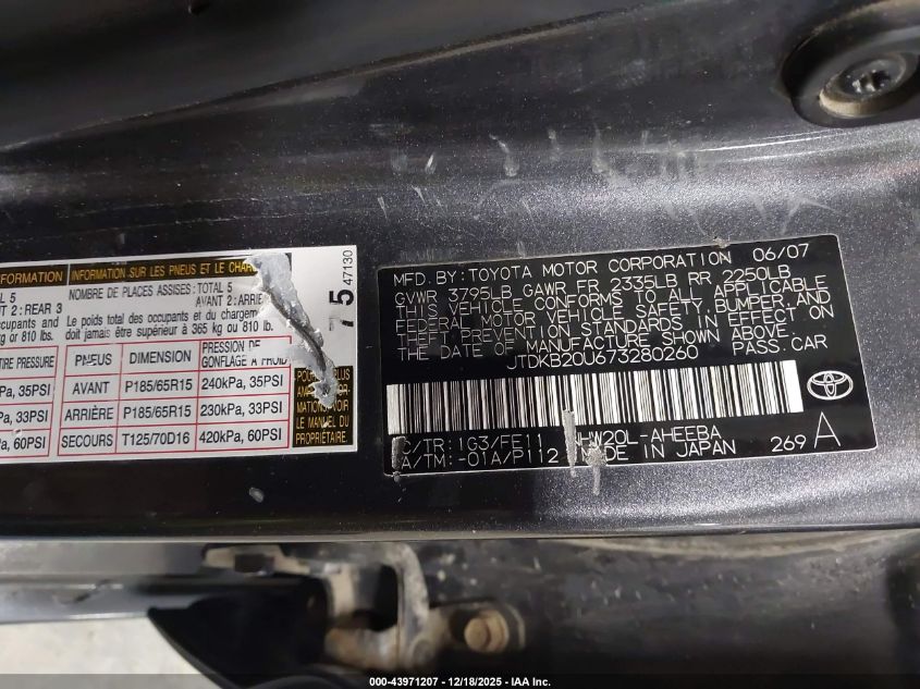 2007 Toyota Prius VIN: JTDKB20U673280260 Lot: 43971207