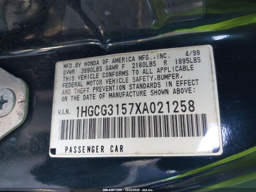 1999 Honda Accord Ex VIN: 1HGCG3157XA021258 Lot: 43971209