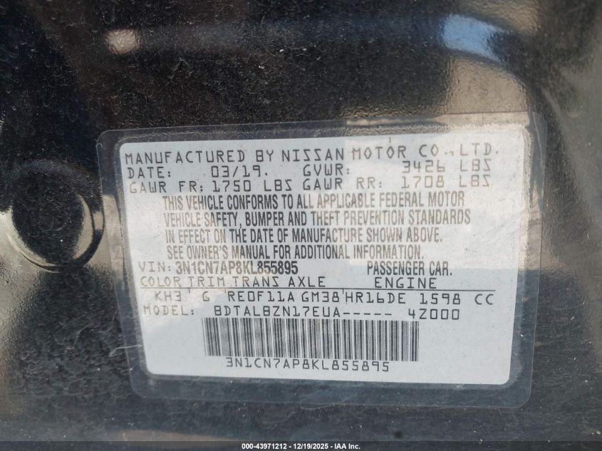 2019 Nissan Versa 1.6 Sv VIN: 3N1CN7AP8KL855895 Lot: 43971212