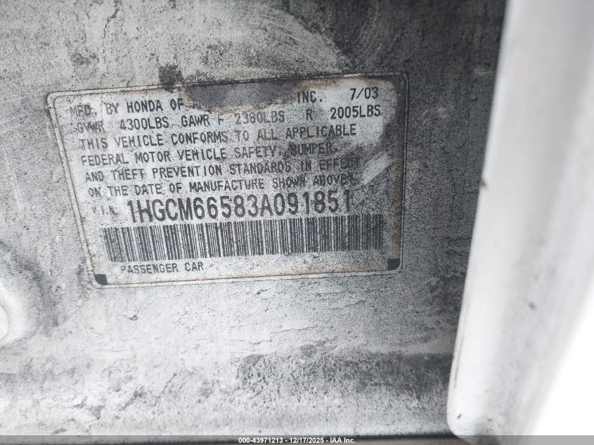 2003 Honda Accord 3.0 Ex VIN: 1HGCM66583A091851 Lot: 43971213