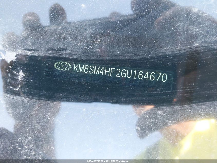 2016 Hyundai Santa Fe Se VIN: KM8SM4HF2GU164670 Lot: 43971222