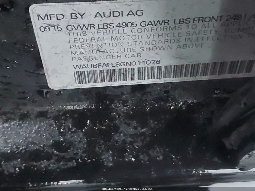 2016 Audi A4 2.0T Premium VIN: WAUBFAFL8GN011076 Lot: 43971224