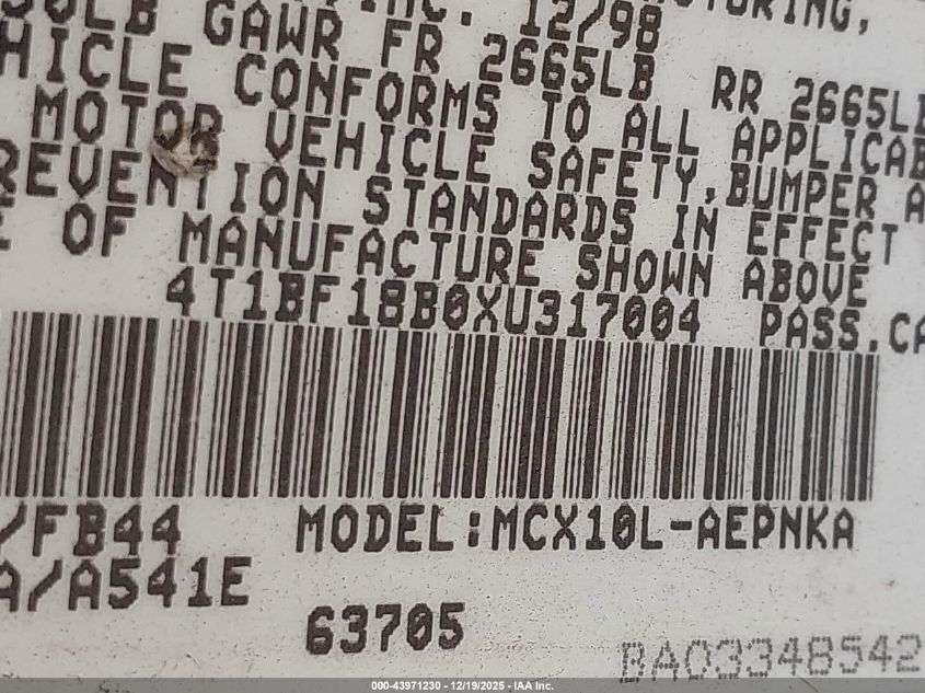 1999 Toyota Avalon Xl VIN: 4T1BF18B0XU317004 Lot: 43971230