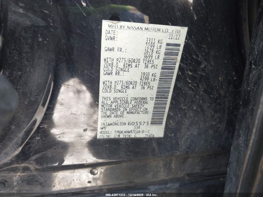 2013 Nissan Armada Platinum VIN: 5N1AA0NE3DN605575 Lot: 43971233