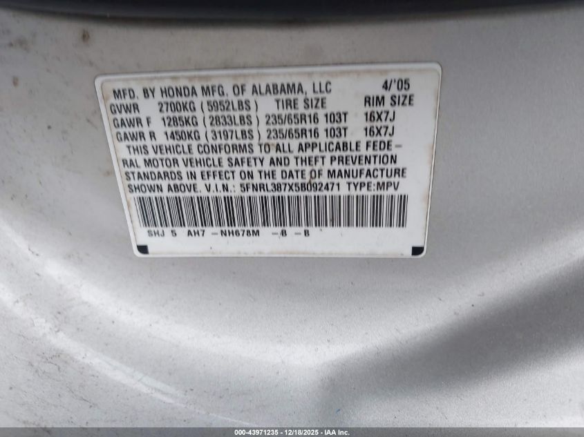 2005 Honda Odyssey Ex-L VIN: 5FNRL387X5B092471 Lot: 43971235