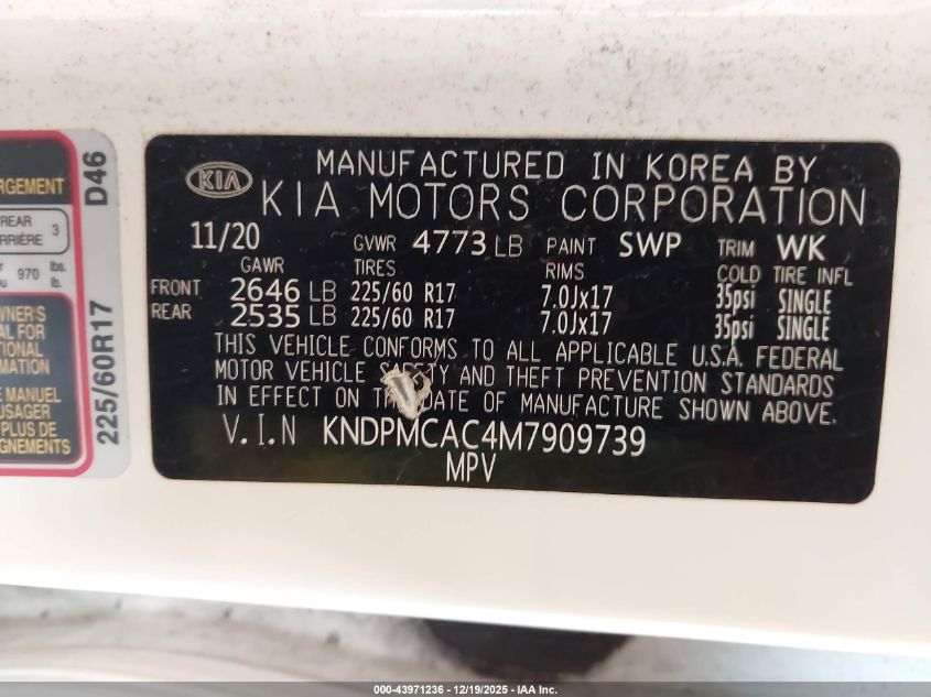 2021 Kia Sportage Lx VIN: KNDPMCAC4M7909739 Lot: 43971236
