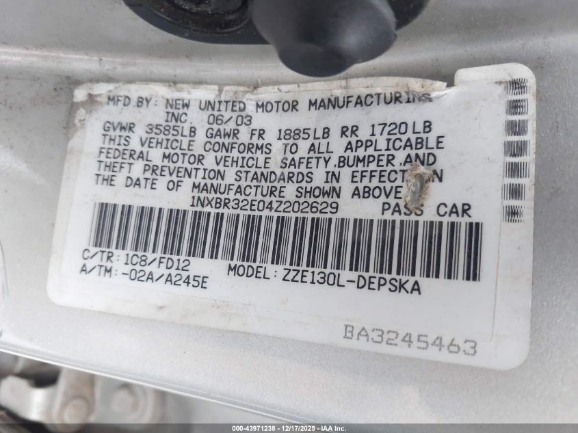 2004 Toyota Corolla S VIN: 1NXBR32E04Z202629 Lot: 43971238