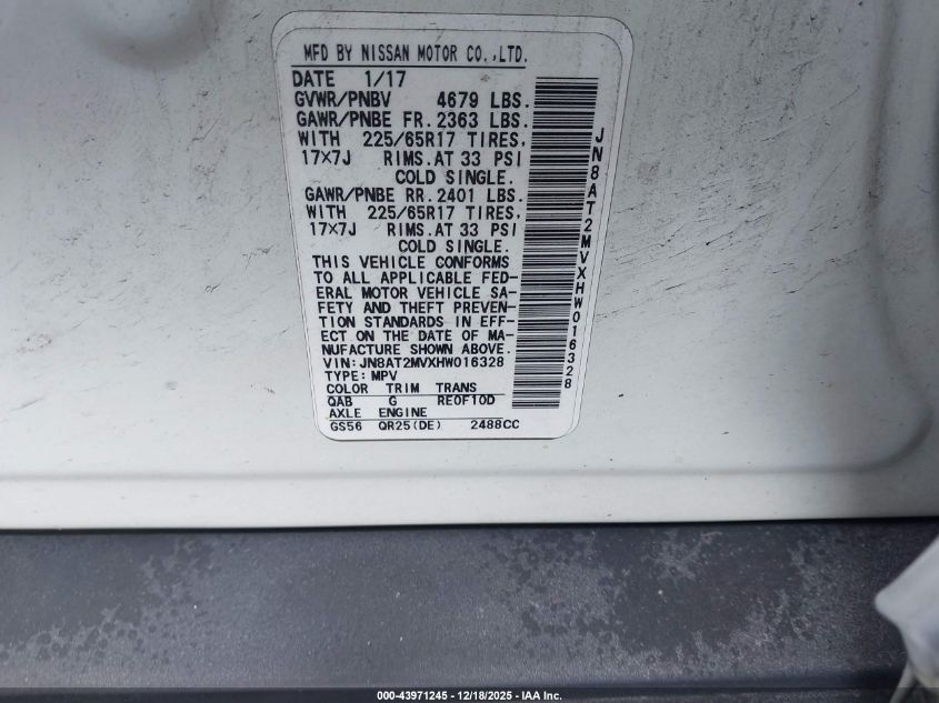 2017 Nissan Rogue Sv VIN: JN8AT2MVXHW016328 Lot: 43971245