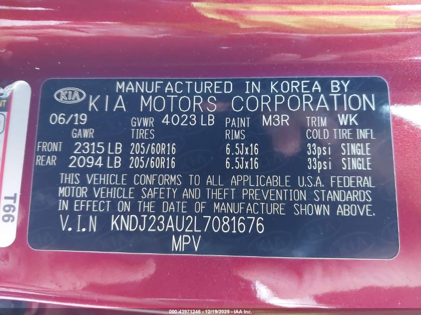 2020 Kia Soul Lx VIN: KNDJ23AU2L7081676 Lot: 43971246