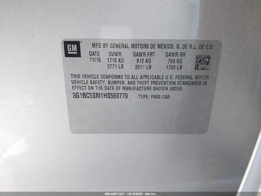 2017 Chevrolet Cruze Ls Auto VIN: 3G1BC5SM1HS560779 Lot: 43971247
